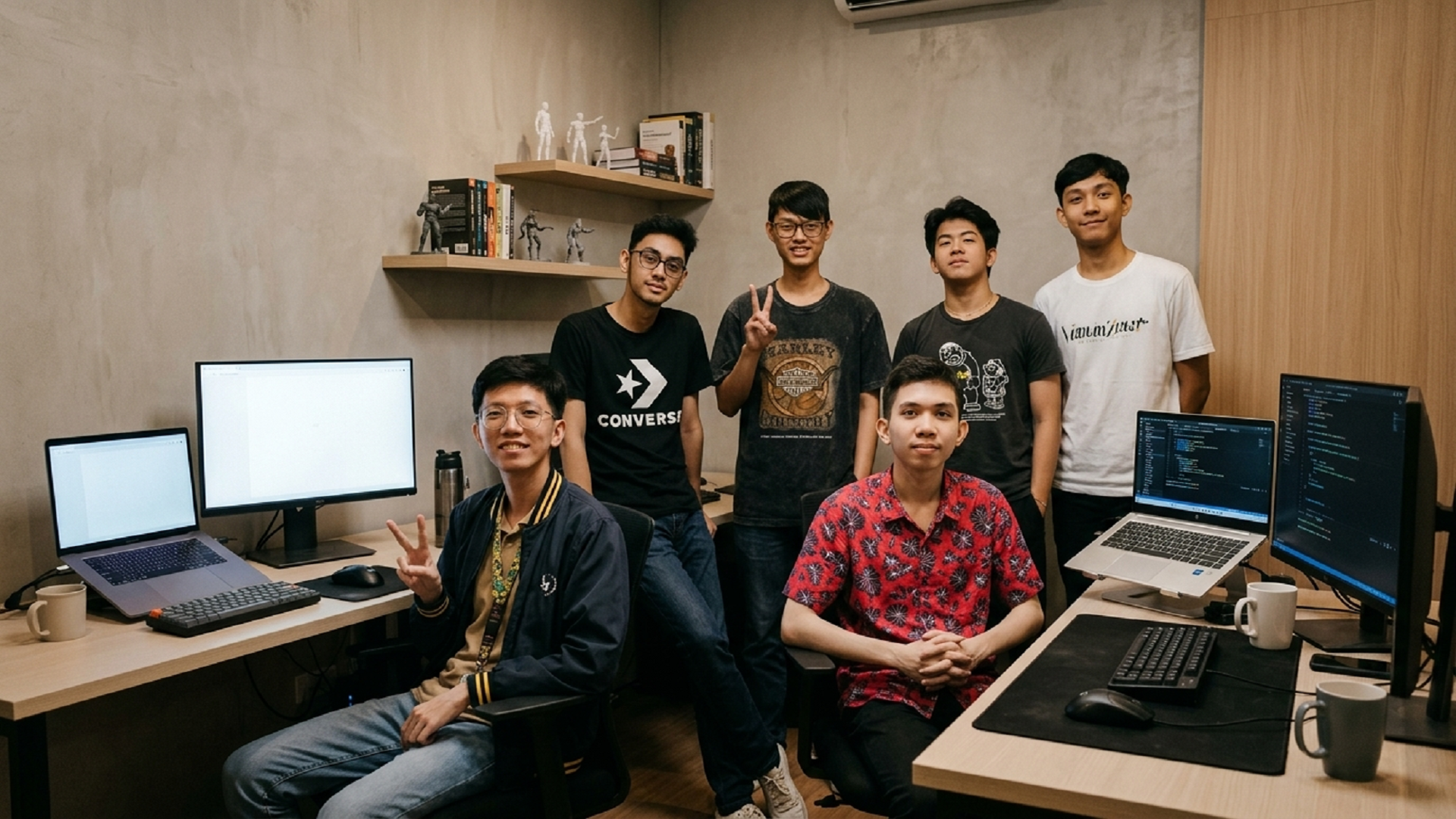 The THEDEMIT team gathered at their studio workspace, surrounded by concept art and monitors showing game development work
